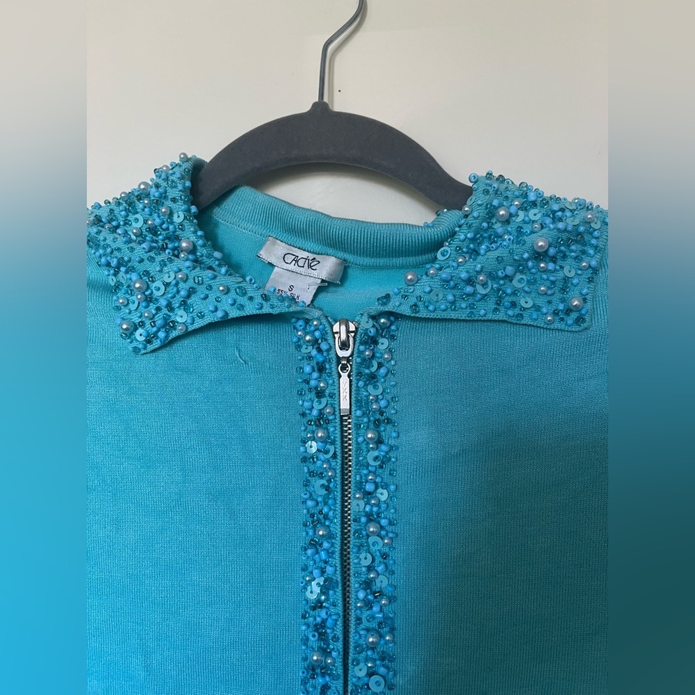 Vintage Cache Turquoise Silk Blend beaded top - Picture 3 of 4